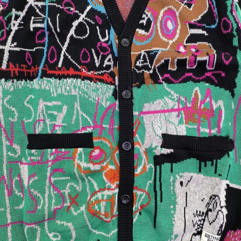 Men s Jackets Quality V Neck Knitted Cardigan Men Women Hip Hop Full Graffiti Jacquard Color Matching WACKO MARIA Sweater Coat With Tag 231101