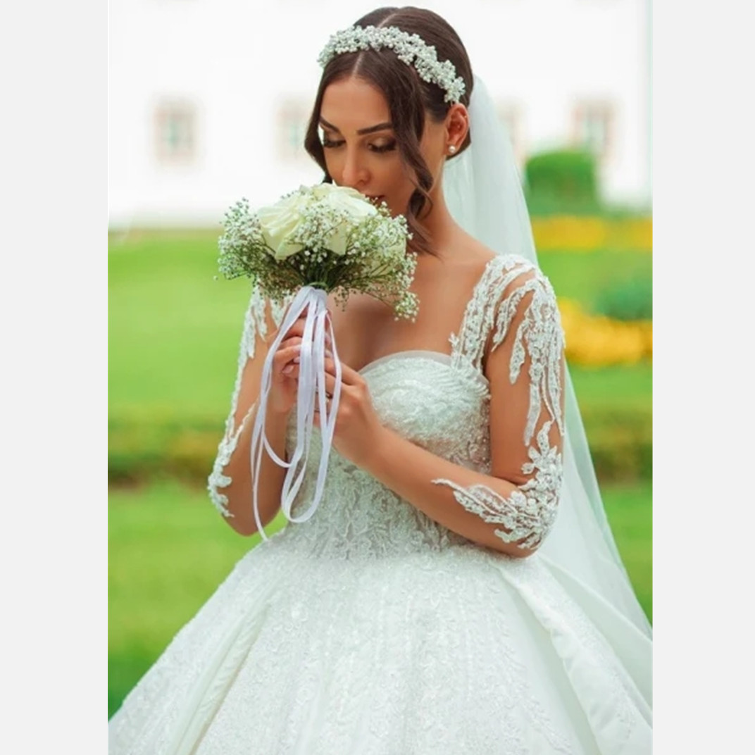 Long Sleeves Wedding Dress Illusion Lace Appliques Sweetheart A-Line Bridal Gowns Floral Vestidos De Novia