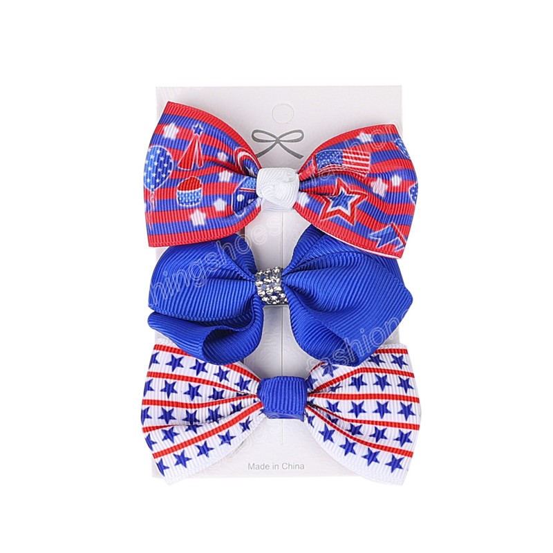 Girls Hair Bows Clip 4th Of July Independence Day Ribbon Bowknot Hairpins Star Stripes USA Flag Patriotic Hair Accessories 3pcs/Lot