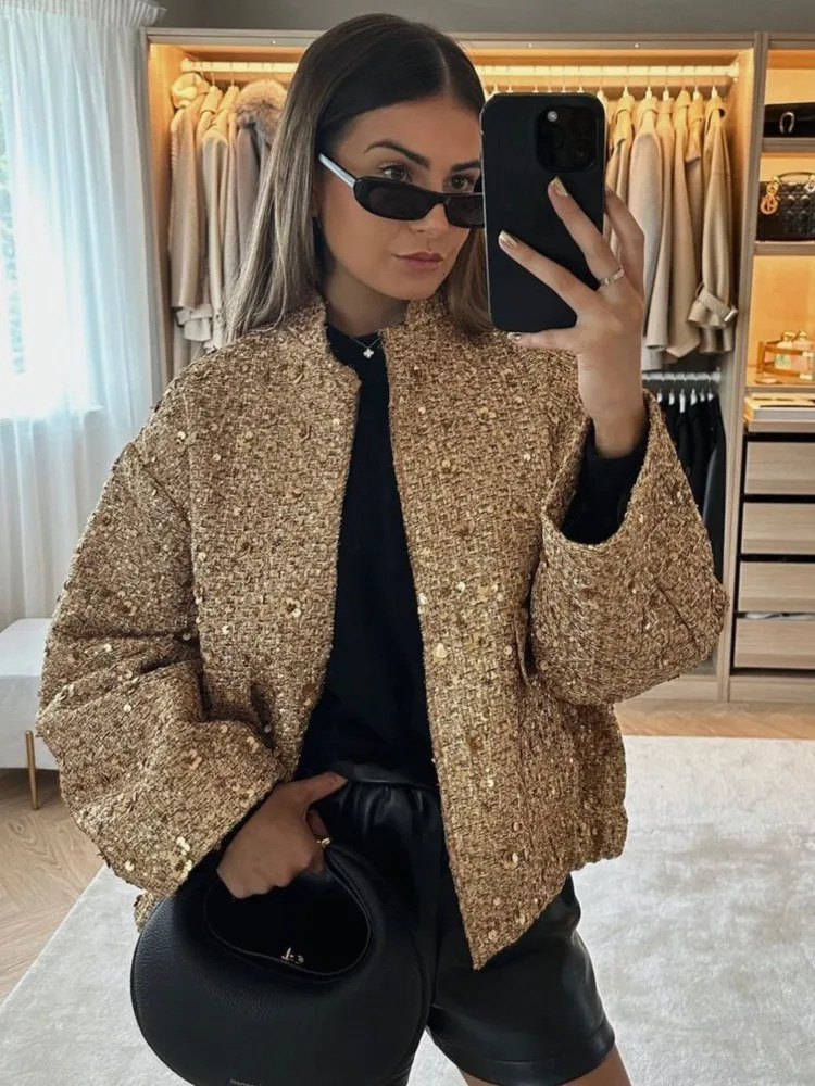 Women's Jackets Metal Color Sequin O Neck Jacket For Women Loose Stand Collar Long Sleeve Coat Gold 2023 Autumn Winter Street Female Outwear 2310