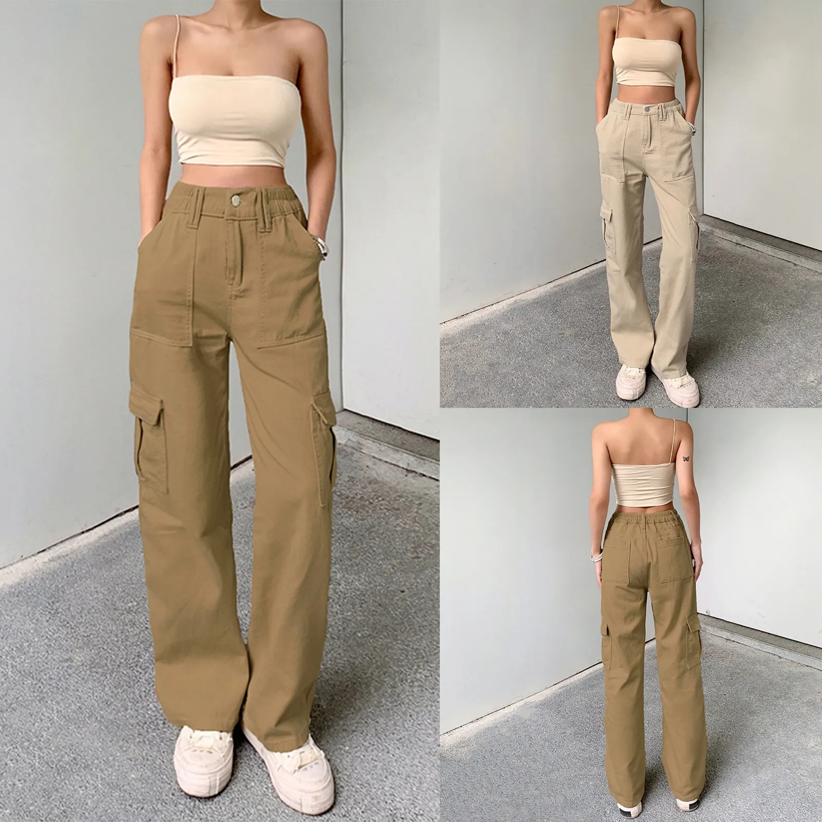 Women's Jeans Women Solid Color Cargo Pants High Waist Straight-leg Buckle Jeans with Pockets Khaki Brown 231101