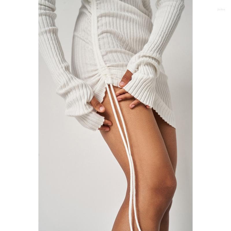 Casual Dresses Ribbed Stripe Women Mini Dress Black Drawstring Ruched Lace Up Long Sleeve Bodycon Bandage Sexy Party Club Elegant Autumn
