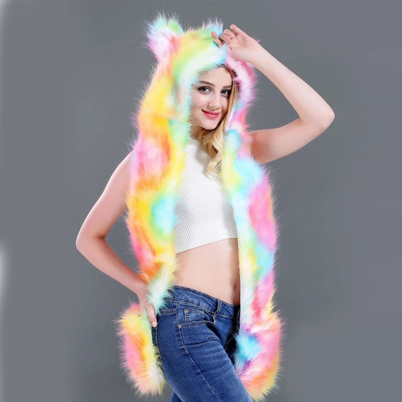 Hats Scarves Gloves Sets 3 In 1 Women Men Fluffy Plush Animal Wolf Leopard Hood Scarf Hat with Paws Mittens Thicken Winter Warm Earflap Bomber Cap 231