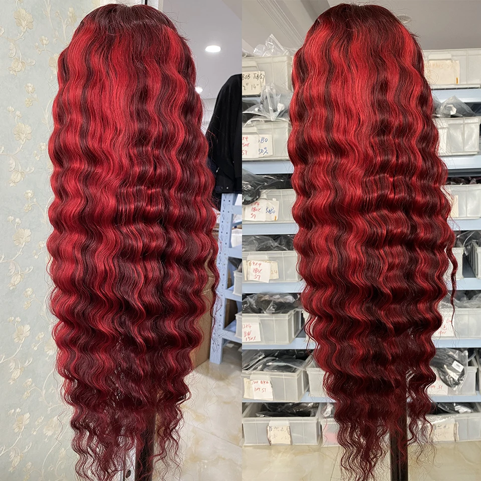 Brazilian 99J Dark Red Gluless Highlight Wig loose deep wave Human Hair Wigs 13X4 Lace Frontal Wigs Water Wave Closure Wigs