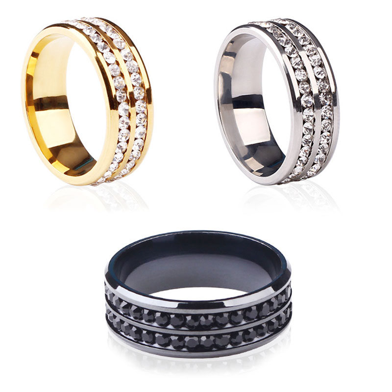 316L Stainless Steel Double Rows Austrian Crystal Rings for Men Women Top Quality Cute Lovers Band Finger Ring European Popular Fashion Gold Black Rin