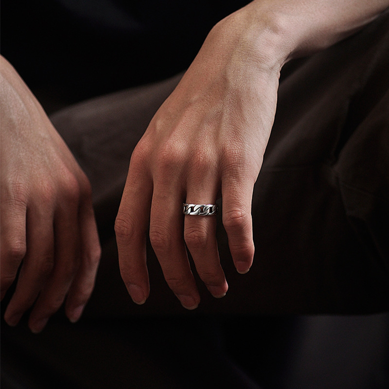 Titanium Steel Solid Cuban Chain Ring for Men Gold Silver Black Stainless Steel Cool Link Chain Eternity Band Rings Jewelry Gift