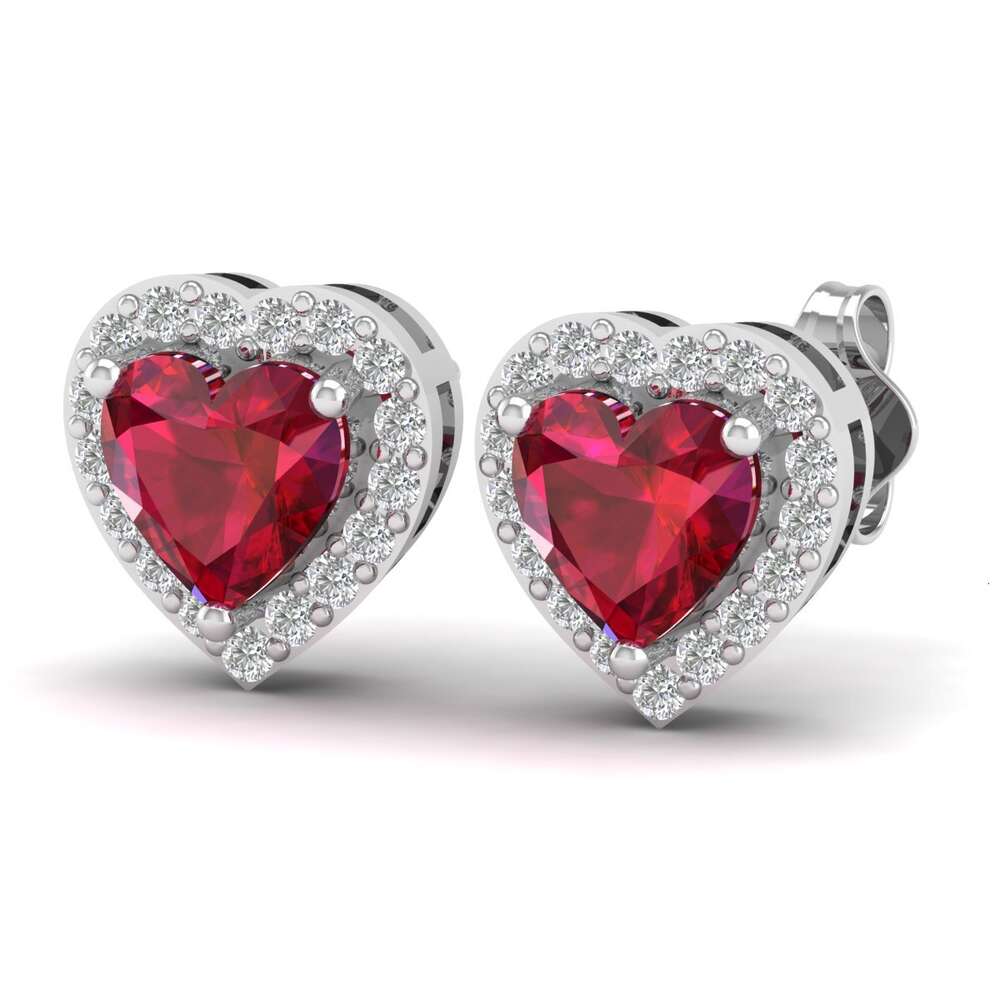 Charming Ruby Studs Halo Moissanite Love Heart Shaped Red Birthstone Rhodium Plated 925 Sterling Silver