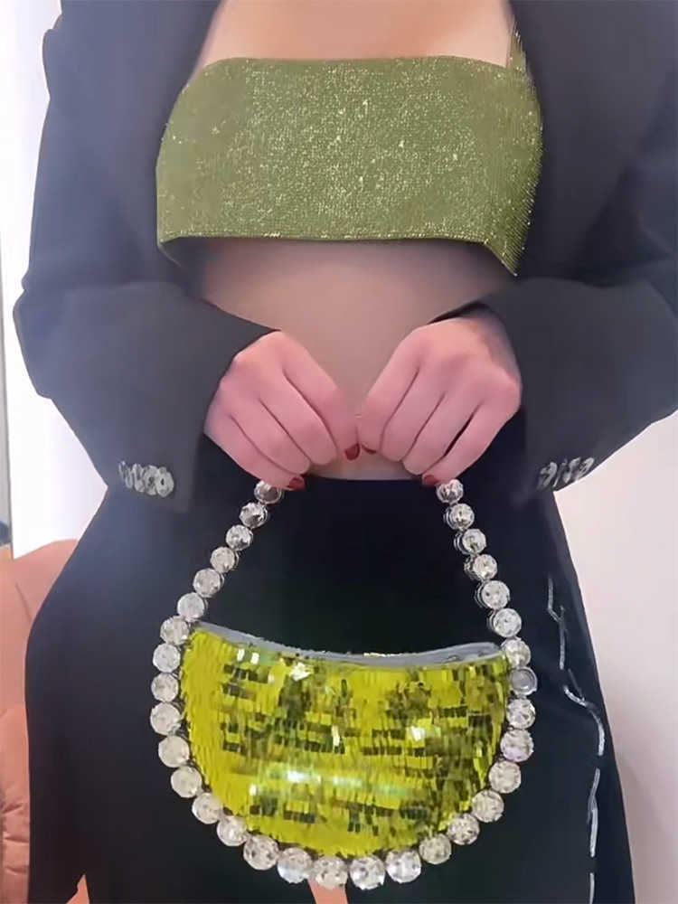 Ins Small Net Red Same Satin Spicy Girl with Diamonds Flashing Diamond Half Round Handbag New Spring/Summer 2023 Women's Bag 230401