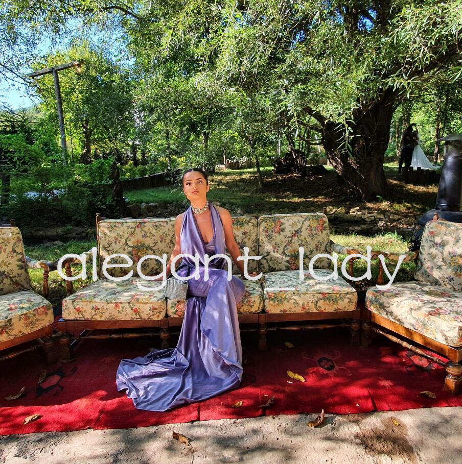 Lilac Lavender Velvet Mermaid Long Prom Dress for Women Halter Neck Backless Runway Celebrity party Guest Evening Gown