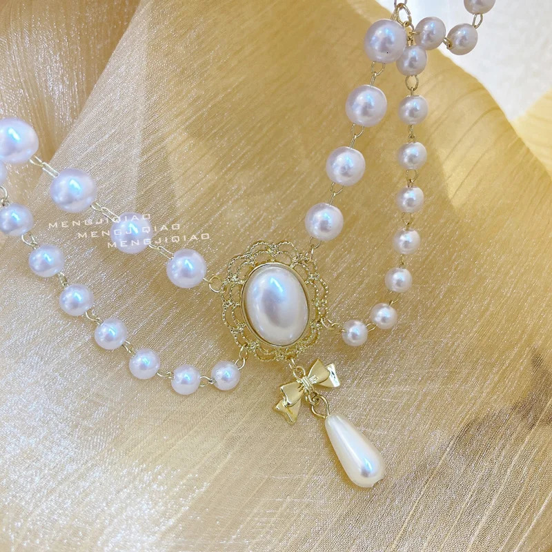 Chokers MENGJIQIAO Vintage Style 2 Layers Pearl Choker Necklace For Women Elegant Bowknot Pendant Wedding Jewelry 231101