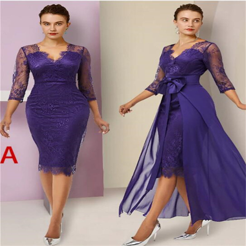 Lace Purple Mother Of The Bride Dresses V Neck Suits Dress Wedding Guest Gowns With Cape Half Sleeve Chiffon Mothers Groom Dress s