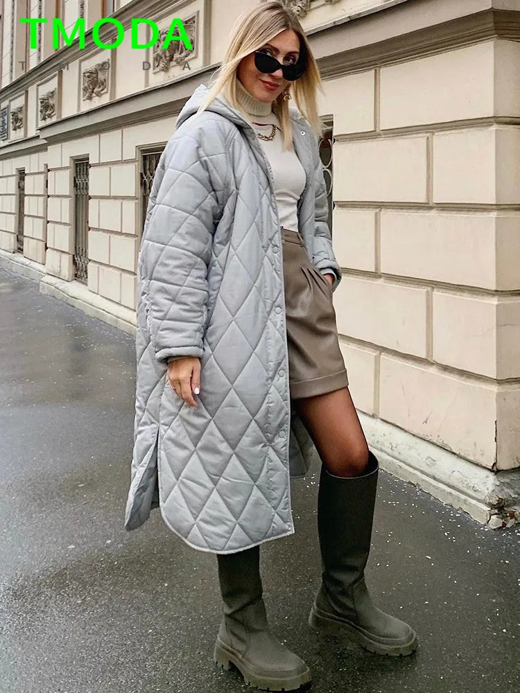 Women's Down Parkas T MODA 2023 Women Loose Warm Midlength Hooded Cotton Jacket Quilted Coat Ladies Pattern Parka Casual Female Chic Thick Outwea