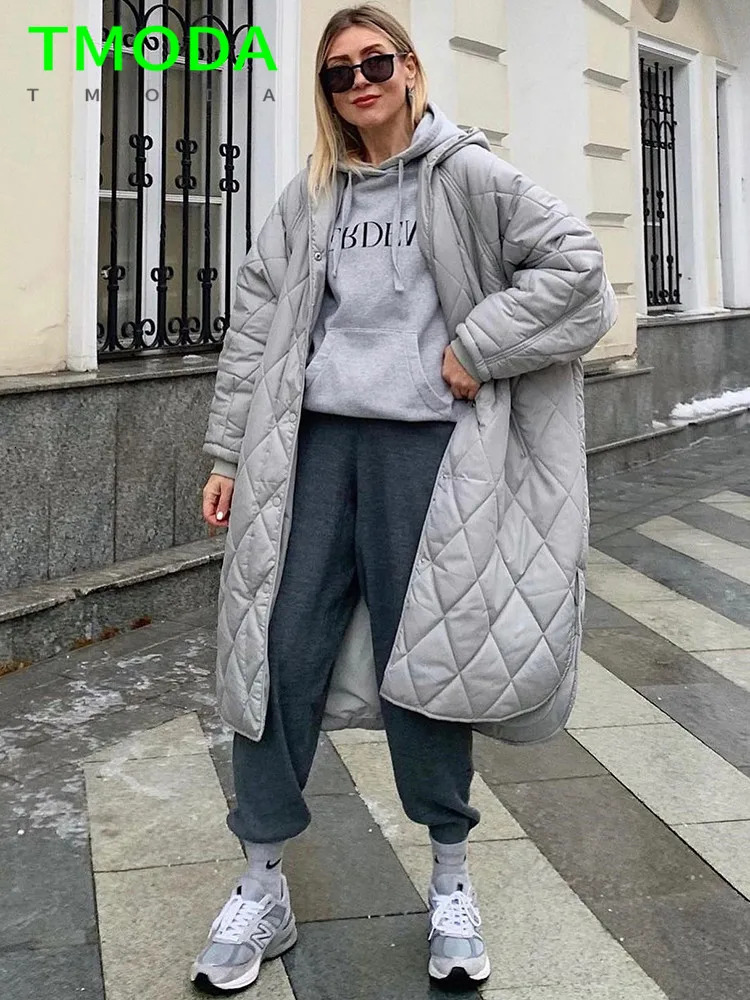 Women's Down Parkas T MODA 2023 Women Loose Warm Midlength Hooded Cotton Jacket Quilted Coat Ladies Pattern Parka Casual Female Chic Thick Outwea