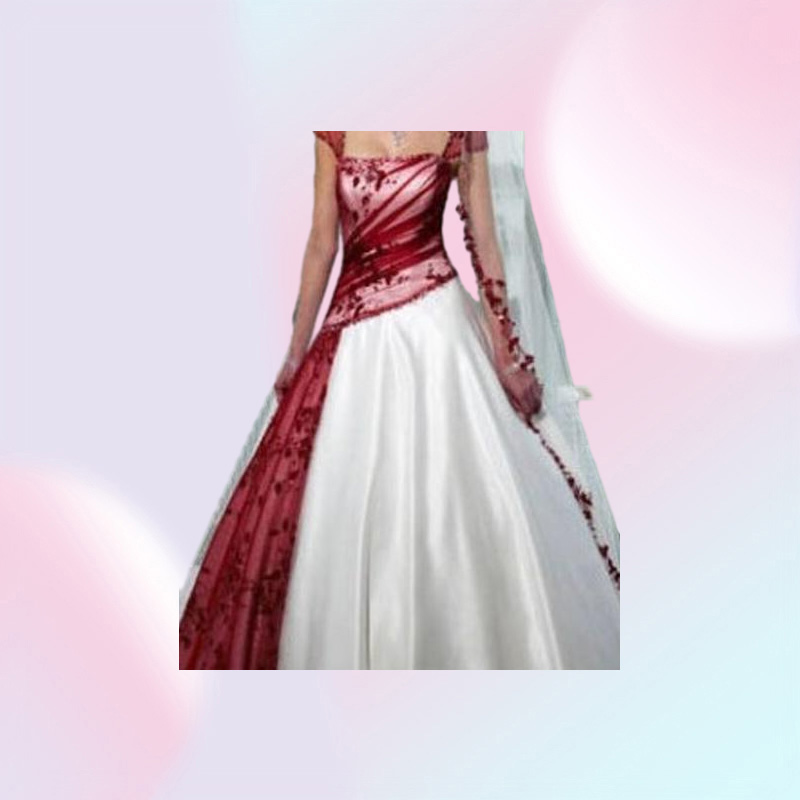 Retro Design White and Red Wedding Dresses Cap Sleeve Appliques Lace Pleated Tulle Satin A Line Bridal Gowns Custom Size6050566