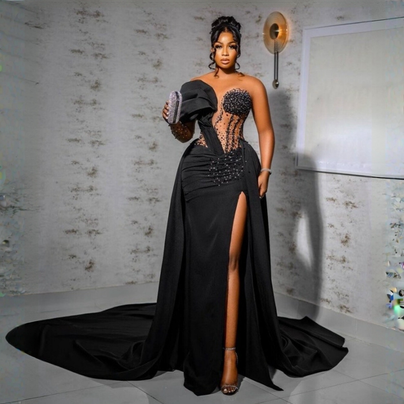 Plus Size Aso Ebi Prom Dresses Black One Shoulder Side Split Satin Beaded Rhie African Nigeria Women Evening Dress Second Reception Gowns
