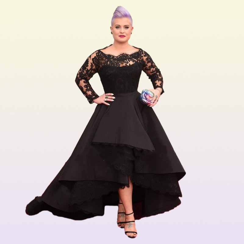 High Low Plus Size Formal Dresses Sheer Lace Bateau Long Sleeve Oscar Kelly Osbourne Evening Gowns Black Ball MOTHER Of The Bride