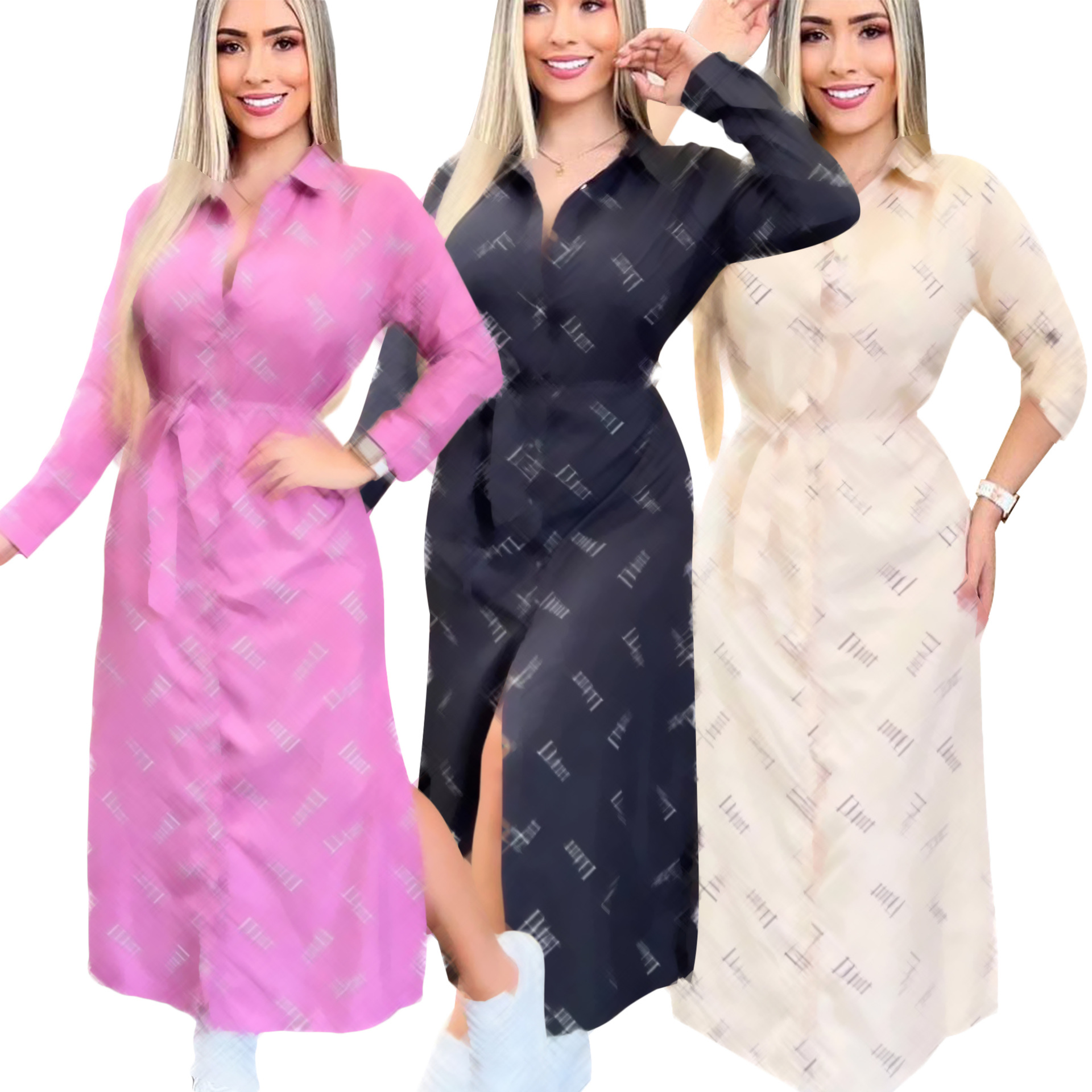 Shirt Dresses Women Casual Lapel Neck Long Sleeve Dresses with Sashes Free Ship