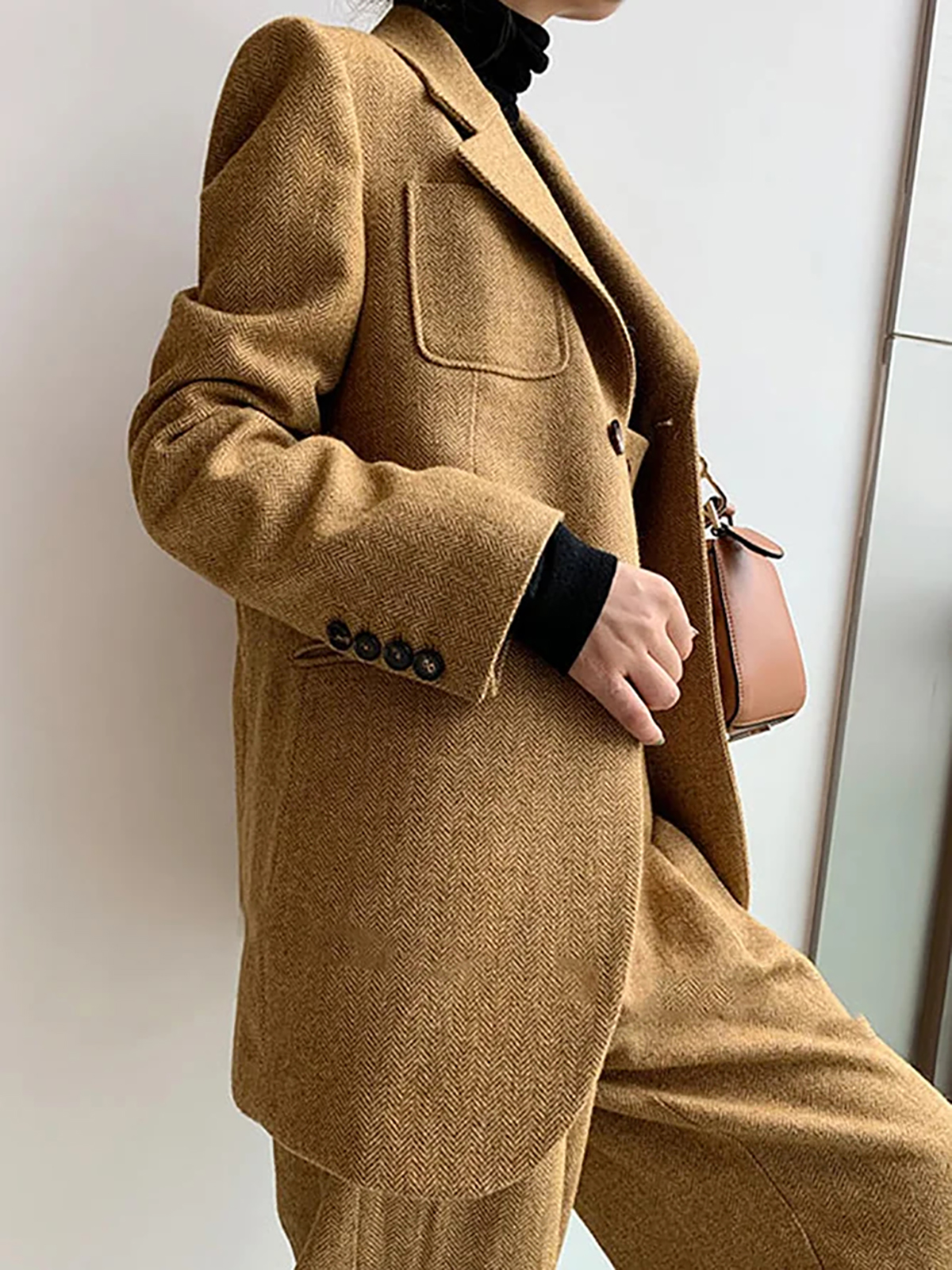 Winter Woolen Women Cloth Suits Custom Made Lady Fashion Long Sleeve V Neck Oversized Blazer Wide Leg High Waist Pants 2 Pieces