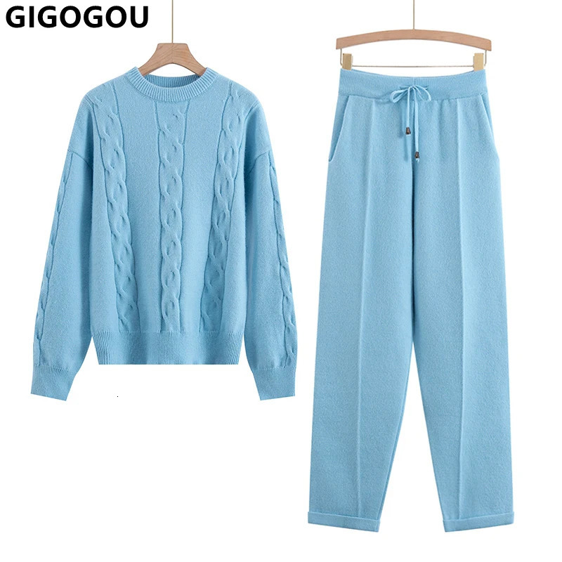 Women's Two Piece Pants GIGOGOU Two Piece Knitted Women Sweater Tracksuit O Neck Autumn Winter Warm Set Fashion Lady Casual Pant Suit 231031