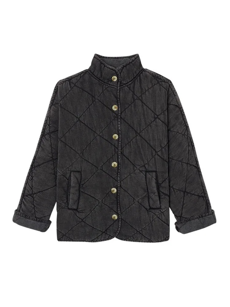 Women's Jackets Winter Solid Rhombic Lattice Quilted Jacket Stand Collar Single Breasted Pockets Cotton Coat Warm High Street Outerwear 231031