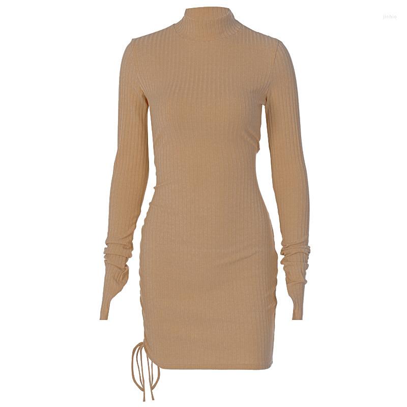 Casual Dresses Ribbed Stripe Women Mini Dress Black Drawstring Ruched Lace Up Long Sleeve Bodycon Bandage Sexy Party Club Elegant Autumn