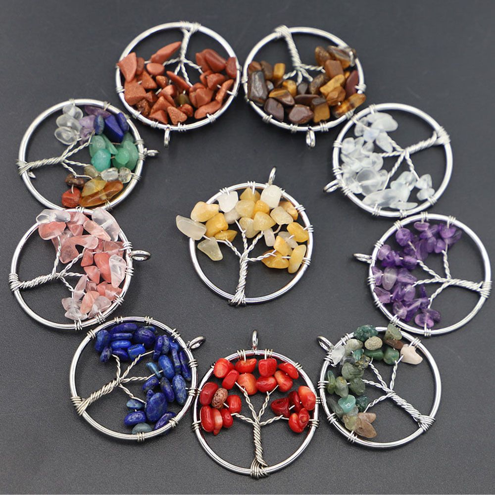 Natural Wire Wrap Tree of Life Healing Crystal Pendant 7 Chakra Stone Pendant Crystal Necklace Women Men Jewelry