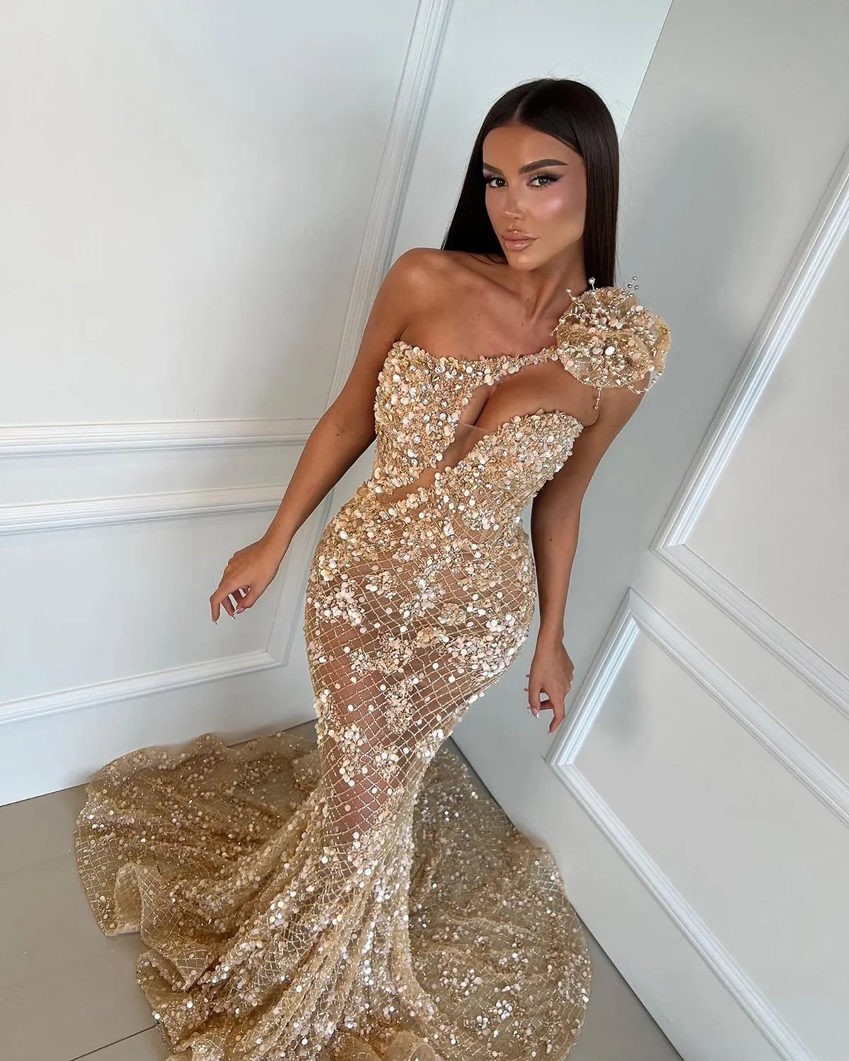Arabia Shiny Rose Pink Prom Sexy Illusion One Shoulder Sequins Evening Party Gowns Women Formal Custom Made Dresses 6660306