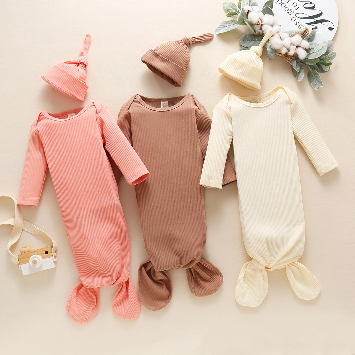 Sleeping Bags Toddler born Baby Sleeping Bag Sacks Infant Solid Ribbed Long Sleeve Blanket Swaddle WrapHat 2pcs Baby Bedding Clothes 231101
