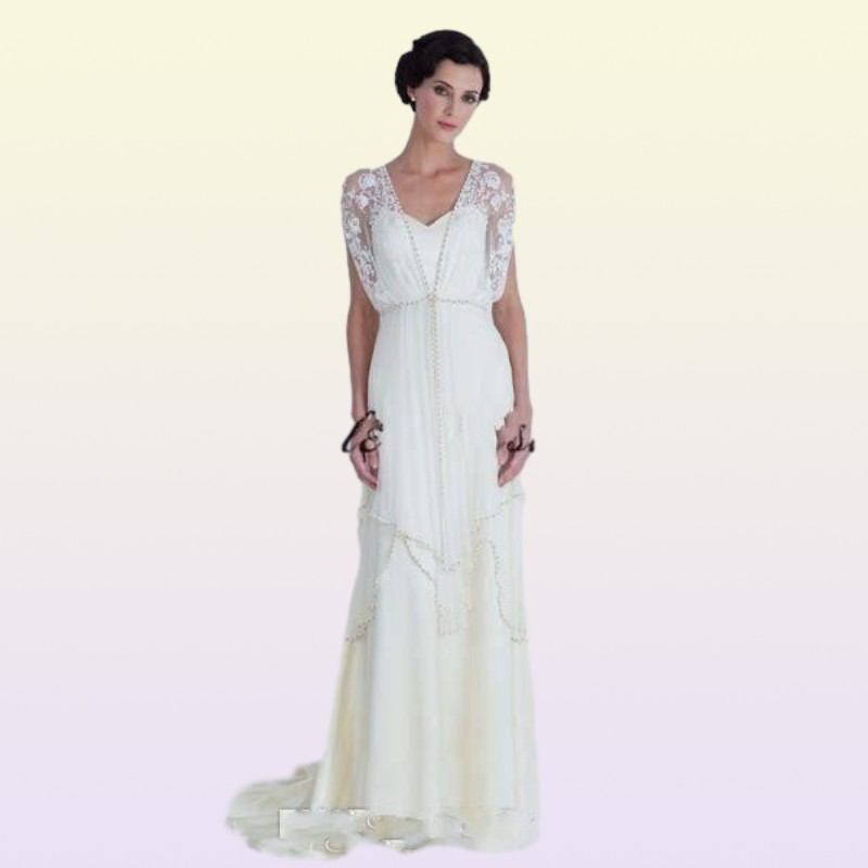Vintage Ivory 1920s Wedding Dresses with Sleeves Catherine Deane Lita Modest Fairy Lace Chiffon Vneck Full Length Bridal Gow