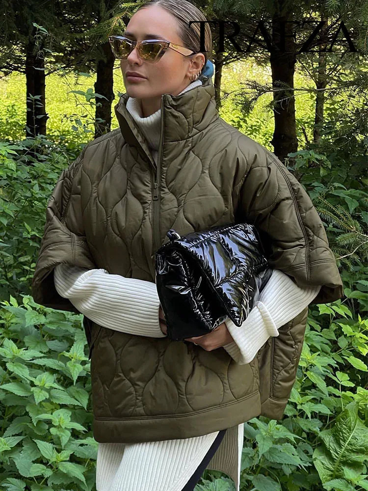 Women's Down Parkas TRAFZA Women Fashion Winter Parka Casual Half Sleeves High Neck Coat Woman Thick Pocket Warm Loose Jacket Female Tops Streetw