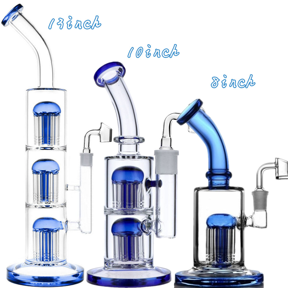 New Fashion Blue Triple Arm Tree Perc Hookah Bubbler Glass Bongs Smoking Water Pipe Oil Rigs Recycler Shisha Pipes 14mm Joint Bowl