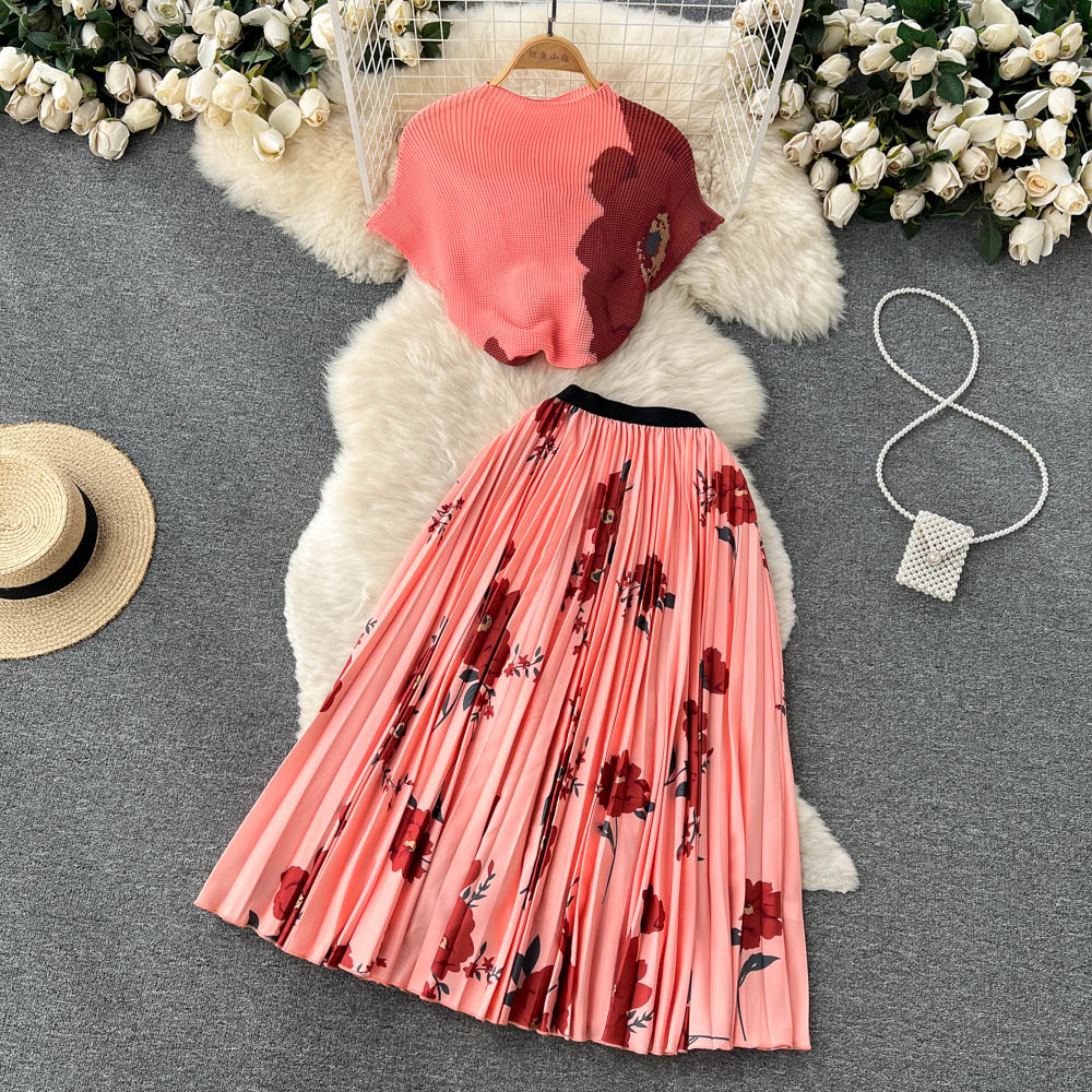 2023 Summer New Temperament OL WorkTwo Piece Dress Set Lapel Short-sleeved Knitted Shirt Contrast Color Stitching Pleated Skirt Sets