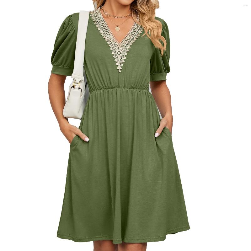 Casual Dresses Vestidos Female 2023 Spring And Summer Solid Color Splicing V-neck Short Sleeve Pocket Dress Fashion Birthday Party