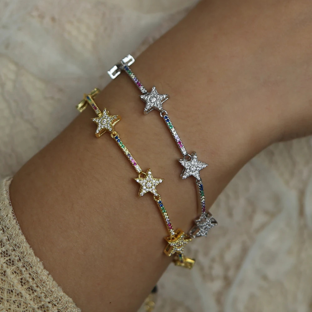 Charm Bracelets Star Bar Link Chain Bracelet Tennis Paved Tiny Sparking Shiny CZ Stone Stars For Women Simple Jewelry Party 231101
