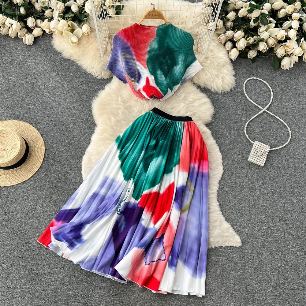 2023 Summer New Temperament OL WorkTwo Piece Dress Set Lapel Short-sleeved Knitted Shirt Contrast Color Stitching Pleated Skirt Sets