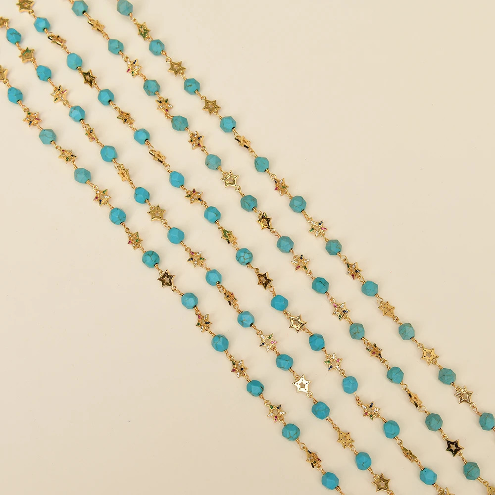 Eyeglasses chains APDGG 1 Meter Bezel Set Blue Turquoise CZ five pointed star Gold Plated Copper Fashion Chain Neck Pearl Jewelry Making DIY 231101