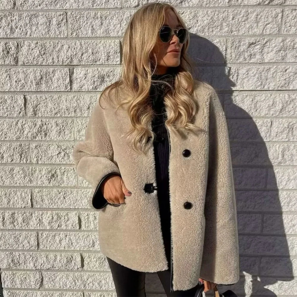 Women's Jackets UNIZERA 2023 AutumnWinter Product Fashion Casual Versatile Loose Round Neck Lamb Wool Jacket Coat 231031