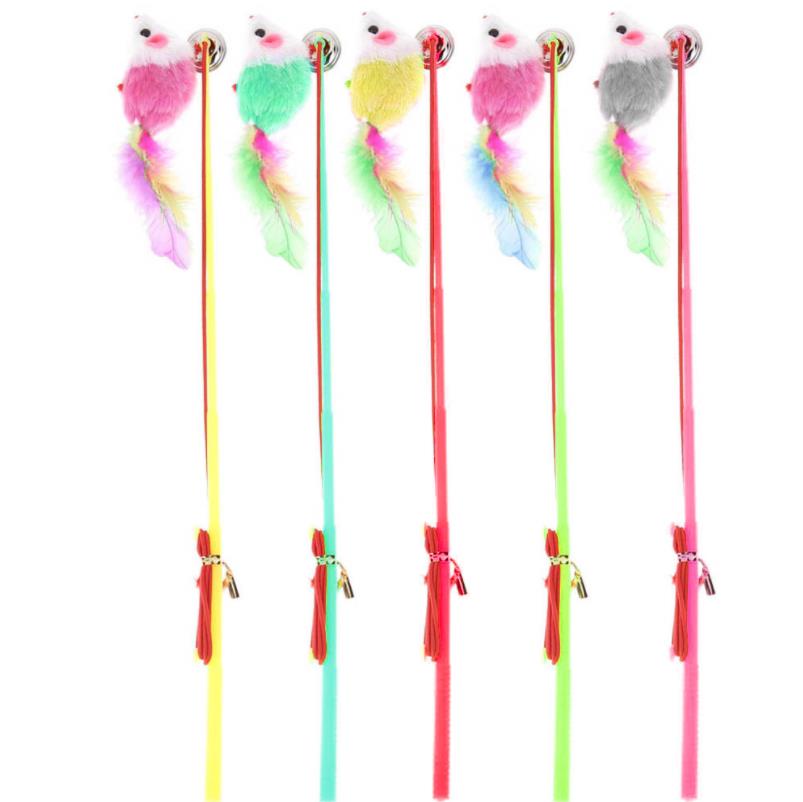 Pets Play Fly Over Wand Interactive Cat Toy Feather Bell Furry Mouse Teaser Stick for All Breed Sizes
