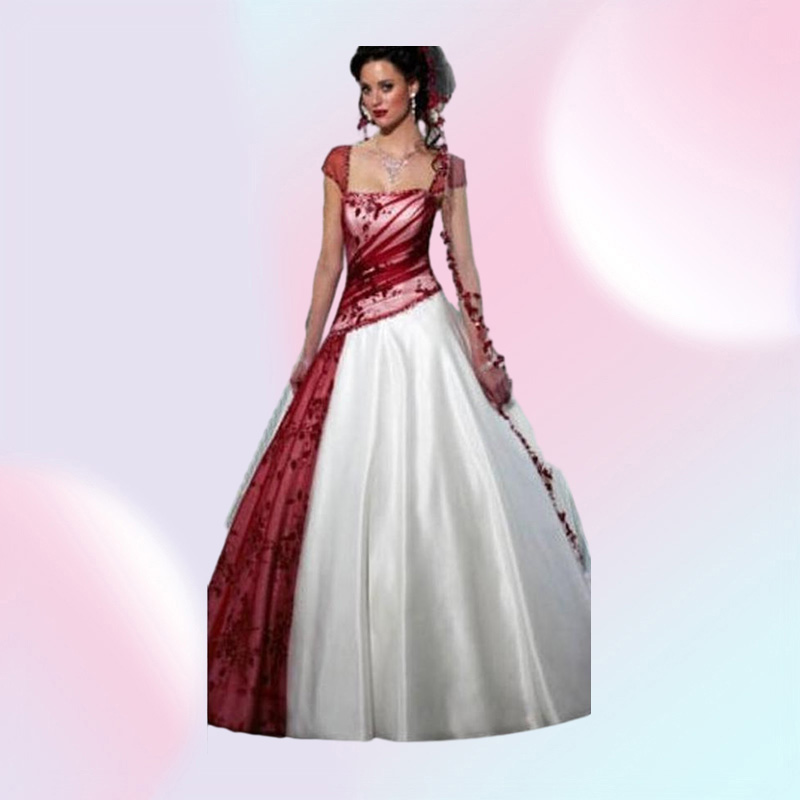 Retro Design White and Red Wedding Dresses Cap Sleeve Appliques Lace Pleated Tulle Satin A Line Bridal Gowns Custom Size6050566