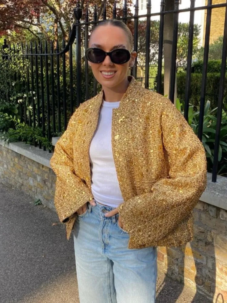 Women's Jackets Metal Color Sequin O Neck Jacket For Women Loose Stand Collar Long Sleeve Coat Gold 2023 Autumn Winter Street Female Outwear 2310