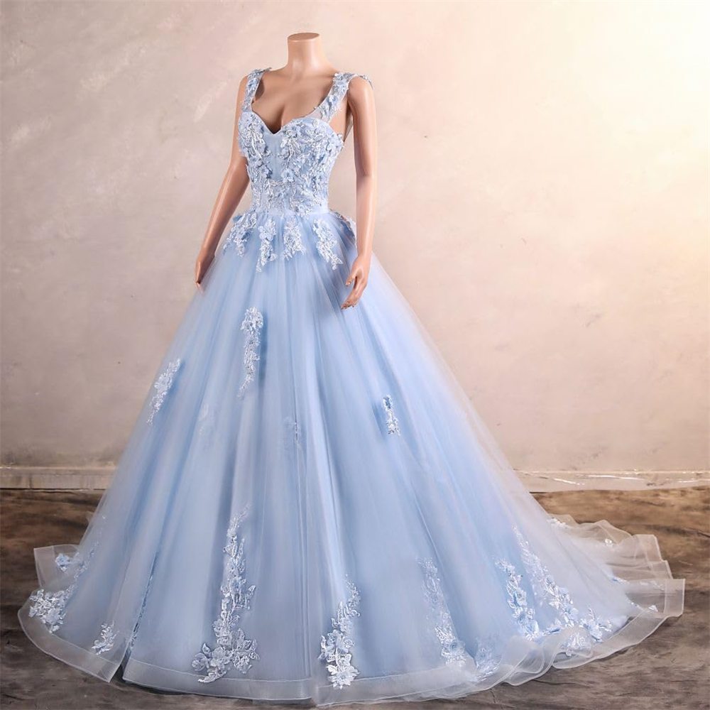 Quinceanera Dresses Princess Sky Blue Flowers Appliques Beading Deep V-Neck Tulle Ball Gown Lace-up Plus Size Sweet 16 Debutante Party Birthday Vestid