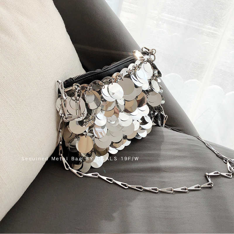 Silver shiny bag hand woven beaded sequin bag mobile phone bag long shoulder belt single shoulder messenger bag female 230401