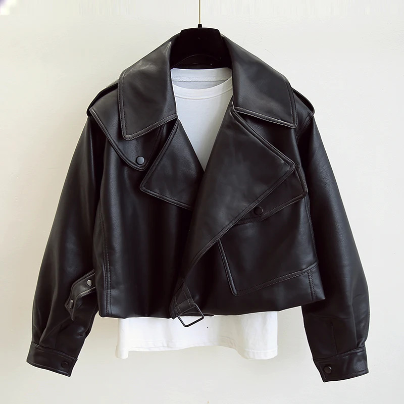 Women's Jacket Pu Leather 2023 Spring Autumn Loose Streetwear Turndown Collar Motorcycle Jackets Outerwear Women Clothing 231031