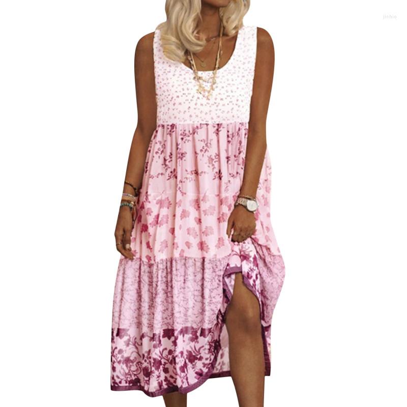 Casual Dresses Woman Floral Sleeveless Vest Dress Stitching Printing Contrast Pink Flowers Lady Small Fresh Summer Female