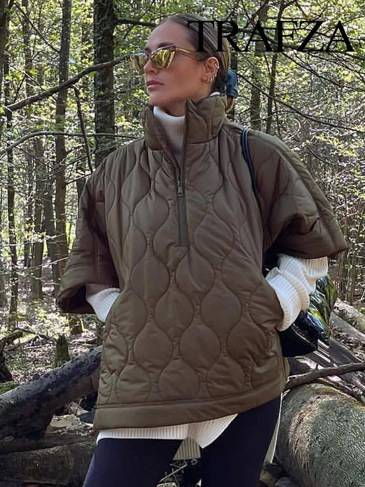 Women's Down Parkas TRAFZA Women Fashion Winter Parka Casual Half Sleeves High Neck Coat Woman Thick Pocket Warm Loose Jacket Female Tops Streetw