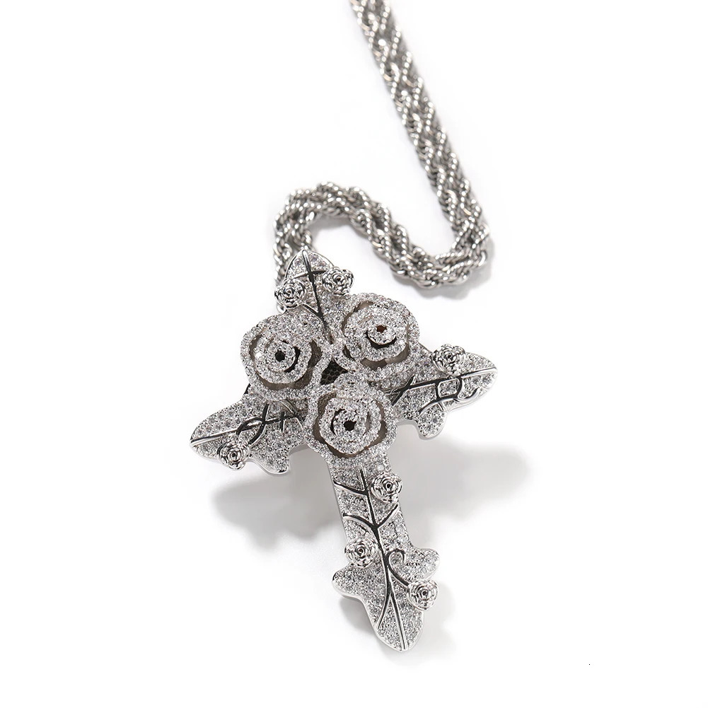 Chokers UWIN Iced CZ Crosses Pendant Necklaces Cubic Zirconia Blooming Roses Charms Fashion Punk Rapper Jewelry for Gift 231101