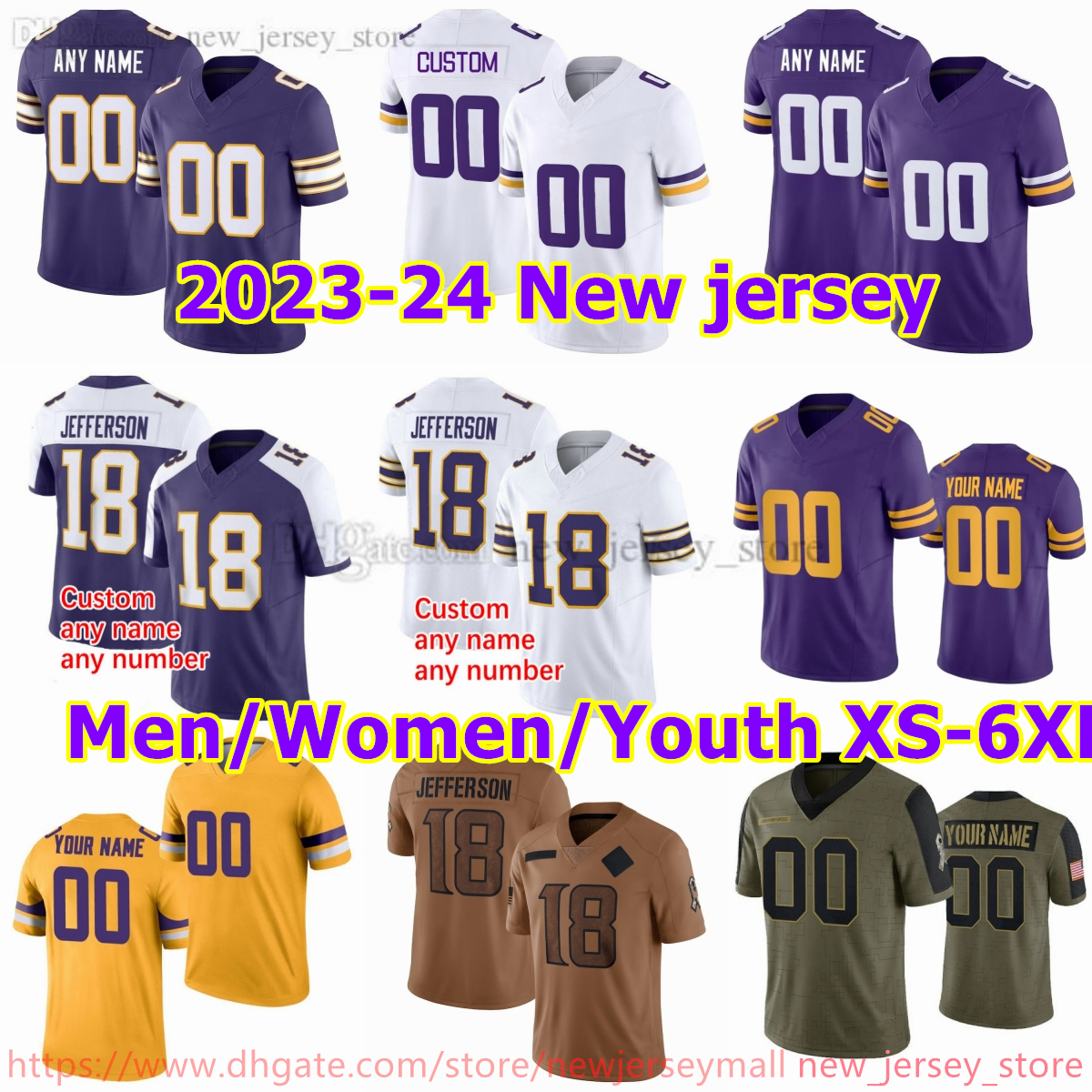 Custom S-6XL DIY Football 18 Justin Jefferson Jersey Stitched 8 Kirk Cousins 87 T.J. Hockenson Harrison Smith Camryn Bynum Byron Murphy Jr Daunte Culpepper 99 Randy Moss