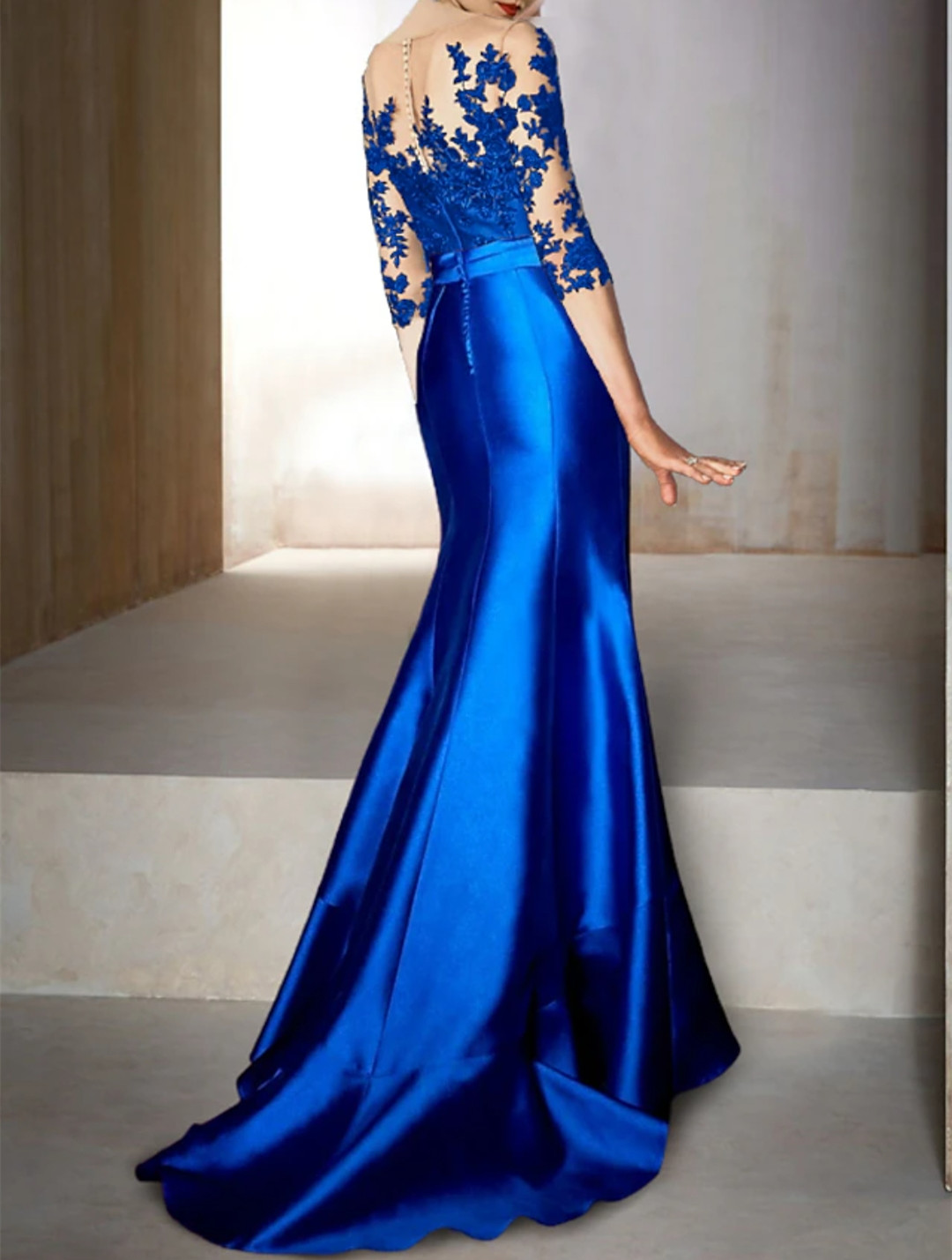Vintage Long 3/4 Sleeve Satin Blue Mother of the Bride Dresses With Ruffles Mermaid Jewel Neck Sweep Train Mom of The Groom Dress Lace Godmother Dress