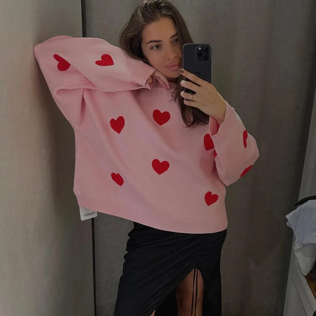 Women's Sweater Embroidery Love Heart Knitted Sweaters Long Sleeve Vintage Y2K Casual Sweet O Neck Pullovers Winter Warm Tops 231031