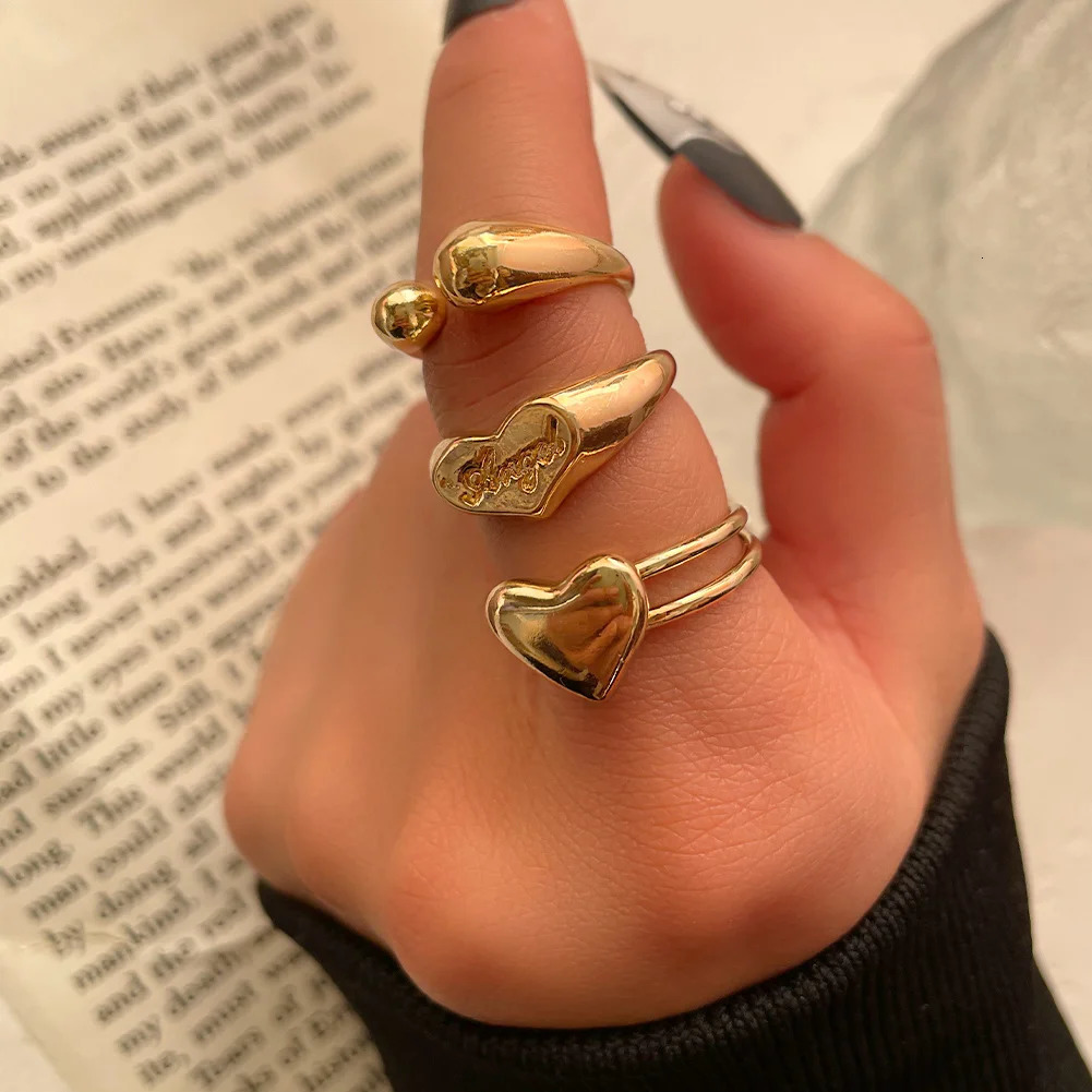 Wedding Rings Vintage Golden Heart Smile Set for Women Ins Style Metal Love letter Fashion Finger Girls Jewelry Gifts 231101
